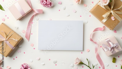  Mockup of greeting card or invitation. White paper, fresh pink flowers and gift boxes on a light. background.