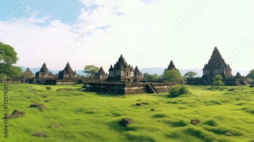 Ancient stone ruins on green field and Candi Prambanan or Rara Jonggrang  Hindu temple compound on background.
