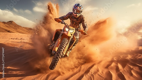 Competitive quad biker kicking up a plume of sand while racing over a sand dune Generate AI