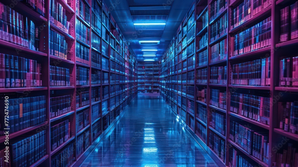 Hallway inside a library with shelves filled with books
