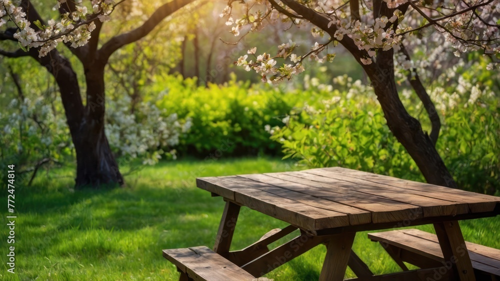 Spring beautiful background with green lush young foliage and flowering branches with an empty wooden table Spring beautiful background with green lush young foliage and flowering branches with an empty wooden table