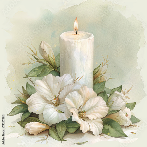 Watercolor illustration of a white candle surrounded by Calystegia flowers on white background. Ideal for nature-themed designs, greeting cards, and home decor.
