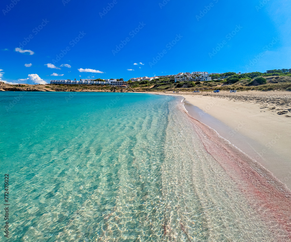 Areal drone view of Arenal de Son Saura beach at Menorca island, Spain