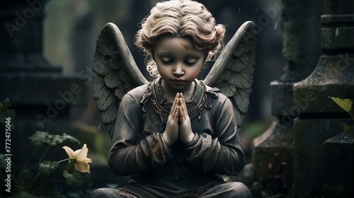   Stone cherub praying in graveyard Generate AI photo