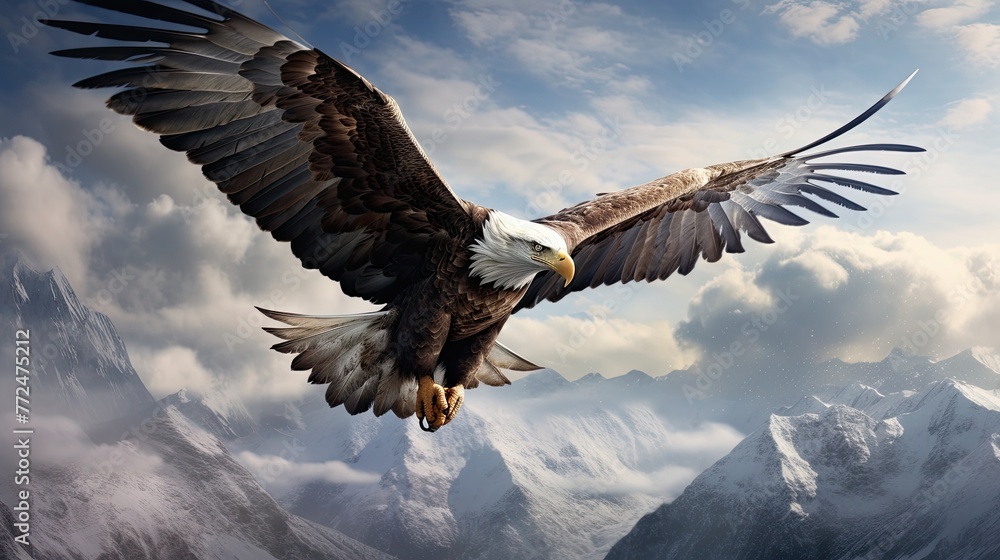 Bald Eagle Flying over Snowy Mountains | Majestic Bird of Prey in Wilderness Landscape for Conservation and Wildlife Imagery Bald Eagle Flying over Snowy Mountains | Majestic Bird of Prey in Wilderness Landscape for Conservation and Wildlife Imagery