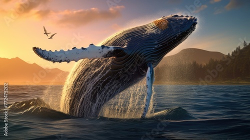 A magnificent humpback whale breaching the surface of the ocean, its massive body glistening in the sunlight