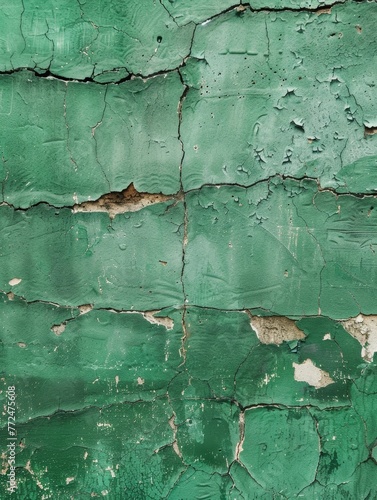 Detailed close-up of green paint on a concrete surface, with layers peeling away to create a natural abstract.