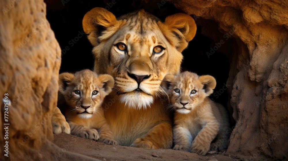 A mother lion nuzzling her cubs in a cave, their playful interactions radiating warmth and tenderness