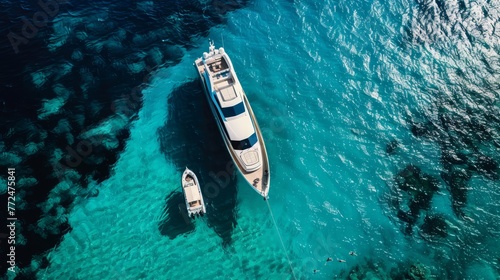 Aerial view of a luxury yacht and tender boat in clear blue ocean waters