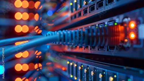 Network server room with blue ethernet cables. Close-up of data center hardware. Information technology and network connectivity concept.