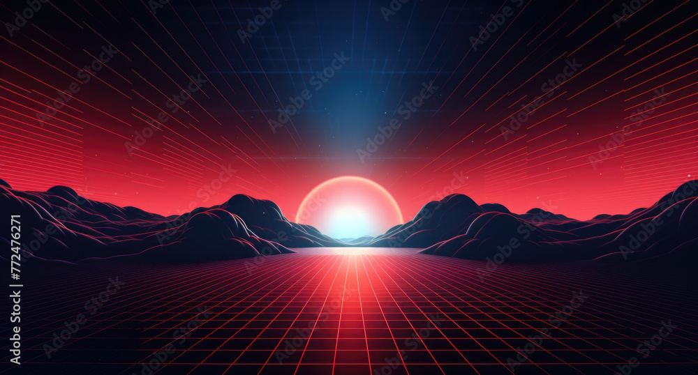 Red grid floor on a glow neon night red grid background, in the style of atmospheric clouds, concert poster, rollerwave, technological design, shaped canvas, smokey vaporwave background. - obrazy, fototapety, plakaty 