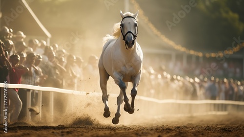 photo of a horse race, with the winning white horse at the finish line, full of enthusiasm Generate AI