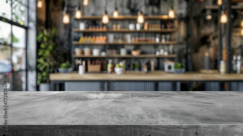 Empty concrete table top in front of a bar. Template showcase scene for advertising products.  New Year, Christmas, Black Friday, Cyber Monday, Thanksgiving photo