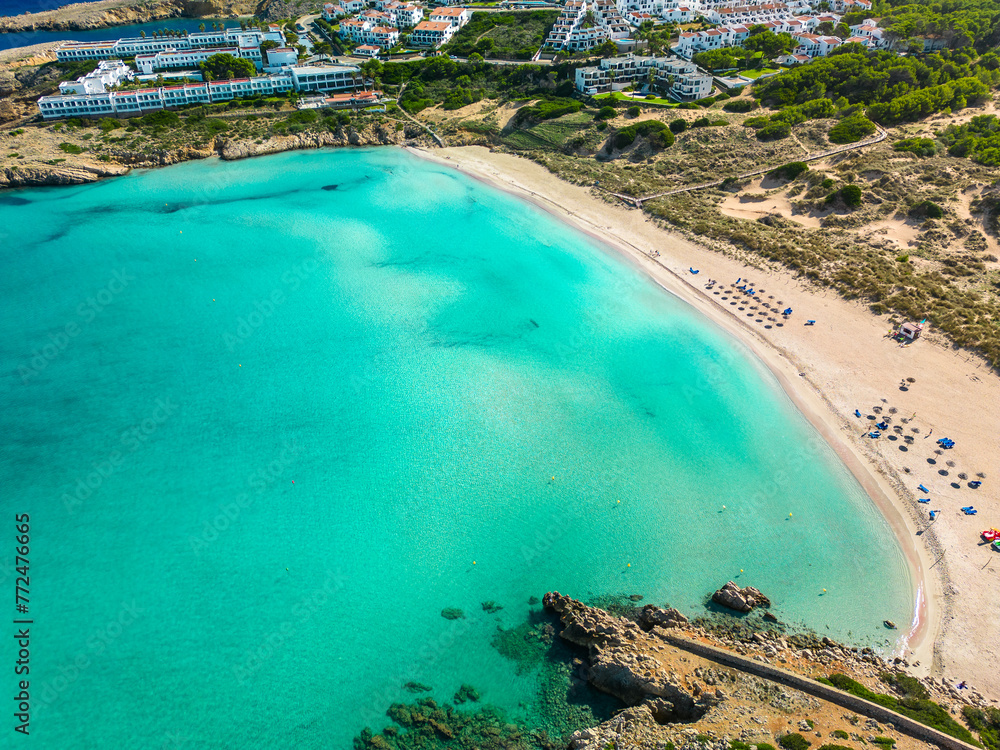 Areal drone view of Arenal de Son Saura beach at Menorca island, Spain