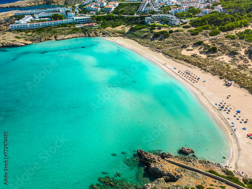 Areal drone view of Arenal de Son Saura beach at Menorca island  Spain