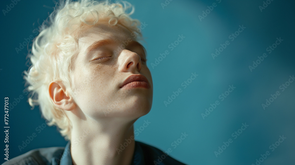 Calm adult albino man with closed eyes on blue background
Calm adult albino man with closed eyes on blue background