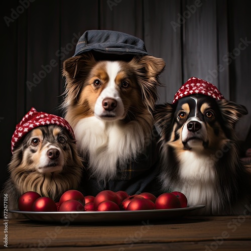 dog and cat and kitens wearing a santa hat photo