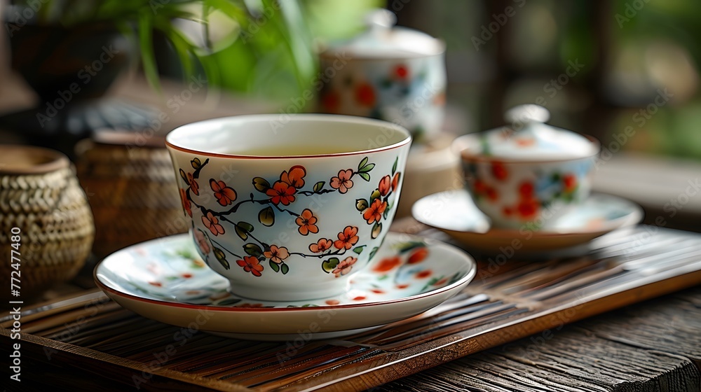 a hand-painted porcelain tea set, its delicate brushstrokes and vibrant colors capturing the essence of traditional craftsmanship. Each cup and saucer is a work of art