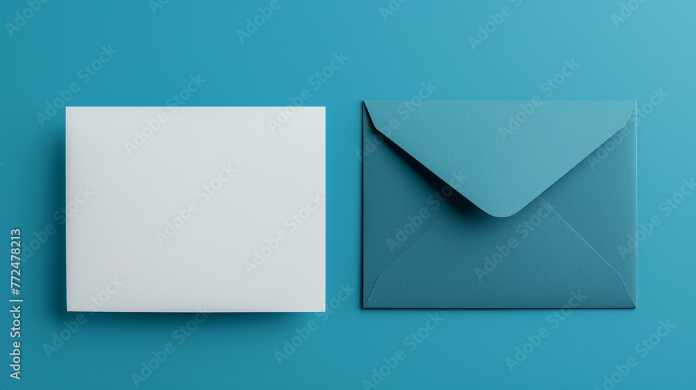 
greeting cards mockup, blank greeting card next to a blue envelope with wallet flap, mockup image - obrazy, fototapety, plakaty 