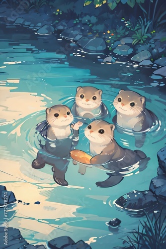 A detailed illustration of a family of otters playfully swimming in a crystal-clear river at dusk.