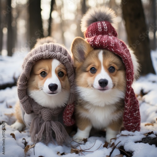 two cute identical brother puppy red dog Corgi sitting next to each other in the Park for a walk on a winter day in funny warm knitted hats during heavy snowfall