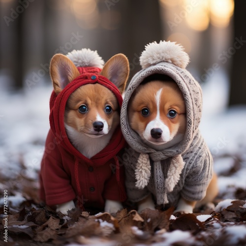 two cute identical brother puppy red dog Corgi sitting next to each other in the Park for a walk on a winter day in funny warm knitted hats during heavy snowfall