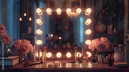 Elegant vanity table with glowing bulbs around mirror and makeup artist's tools