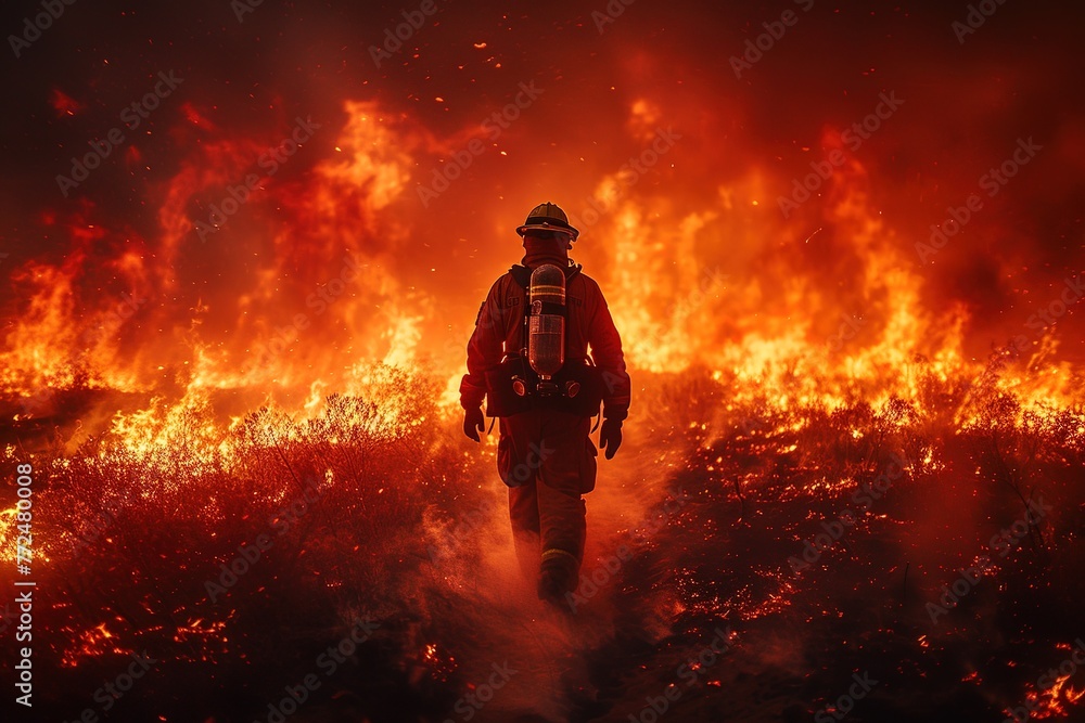 A firefighter battling an intense wildfire, surrounded by scorched earth and towering flames - obrazy, fototapety, plakaty 