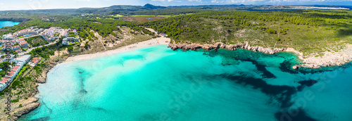 Fototapeta Naklejka Na Ścianę i Meble -  Areal drone view of Arenal de Son Saura beach at Menorca island, Spain