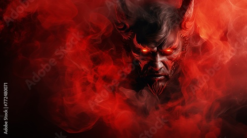 Red devil face and horn illlustration, red and rainbow background splash smoke Generate AI photo