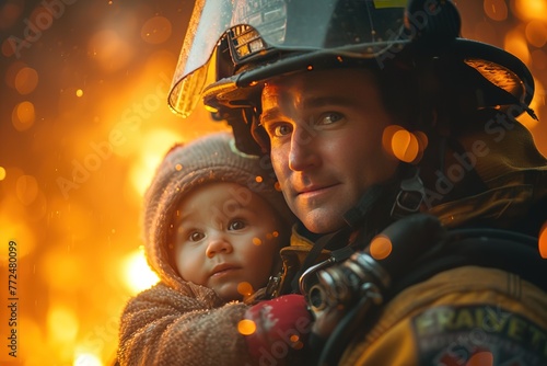A firefighter carrying a frightened child from a burning apartment building, their protective gear illuminated by fire