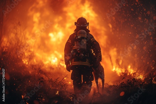 A firefighter carrying a scared pet from a burning house, their protective gear illuminated by the fire's glow, smoke billowing