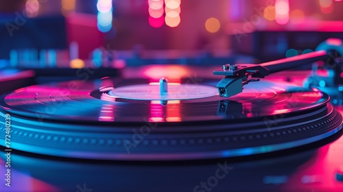 Through a vinyl record's groove, the past melds with now, dancers in retro flair under neon lights, a timeless celebration