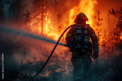 A firefighter extinguishing flames in a wildfire, using a hose to spray water on smoldering trees, surrounded by scorched earth