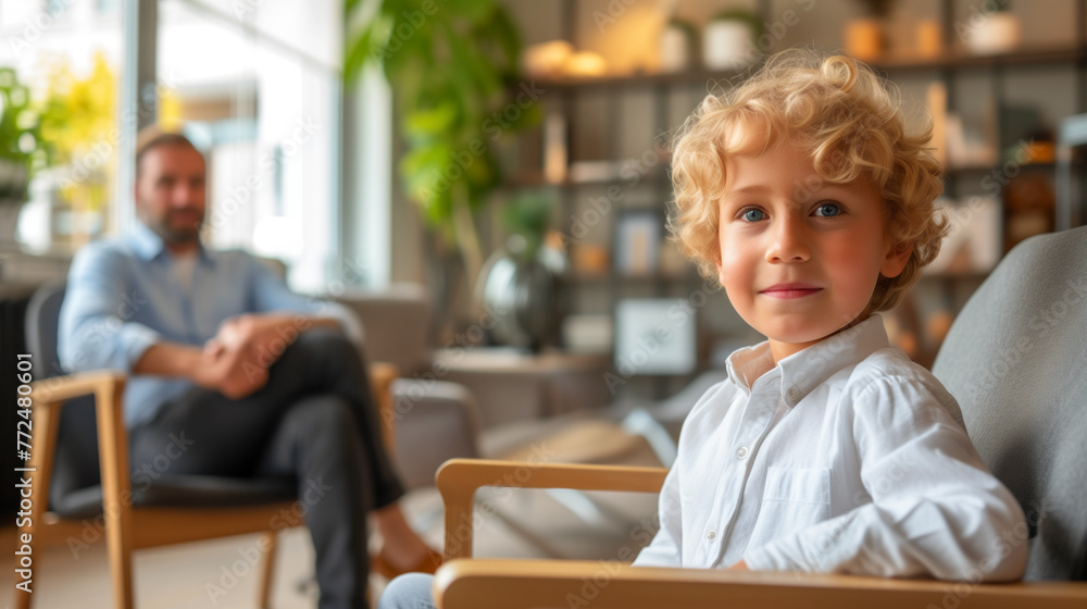 Fototapeta premium Smiling young boy during a therapy session with psychologist in the background.