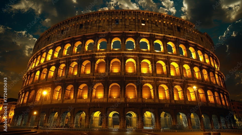 In moonlight, the Colosseum, ancient and grand, stands, draped in cascading chocolate rivers, a dream melding history and sweetness.