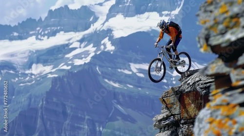 Conquering the Heights: Man Biking up the Mountain