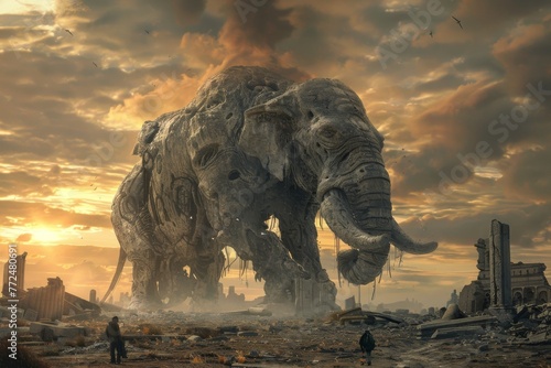 A behemoth pondering amidst ruins, reflecting on catastrophe, evokes lost civilization's memory