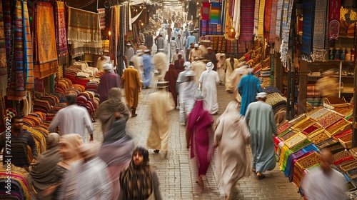 Busy traditional market street in motion blur. Cultural travel and shopping concept. Design for postcard, travel brochure photo