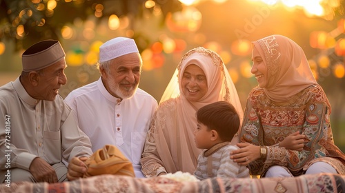 Multi-generational Muslim family enjoying a picnic at sunset. Outdoor family portrait with golden hour lighting.