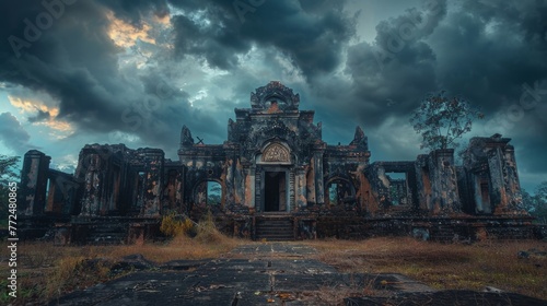 A vivid glimpse into a future where historical landmarks stand decaying, nature overtaking remnants of human grandeur. Shadowed skies overhead cast an ominous hue.