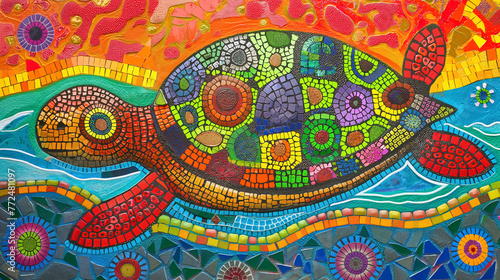 A vibrant mosaic artwork showcasing a turtle in multicolored patterns swimming in blue waters, with a vivid red and orange sky backdrop. © RISHAD