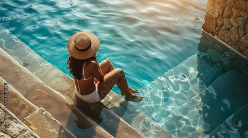 Woman in swimsuit sitting by the poolside with sun hat. Summer leisure and relaxation concept photo