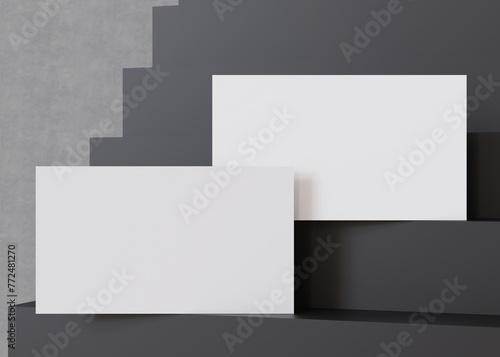 Stylish blank, white business cards on a cascading black staircase, perfect for a bold and modern branding presentation. American size, 3,5 x 2 inch. Visiting, name cards mockup. 3D.