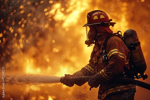 A firefighter using a hose to control a structure fire