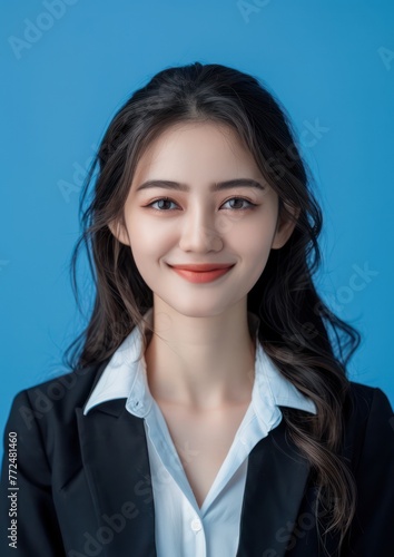 A photo of a young businesswoman wearing professional attire, smiling, against a solid blue background, looking directly at the camera. 