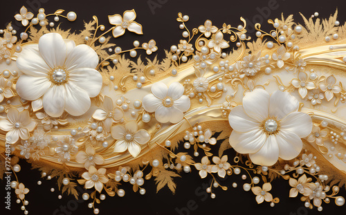 Golden floral 3d background on the silk pattern
