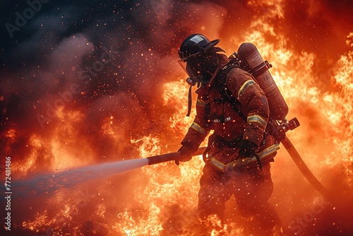 A fireman in full gear battling a blazing building fire with a powerful hose © create interior