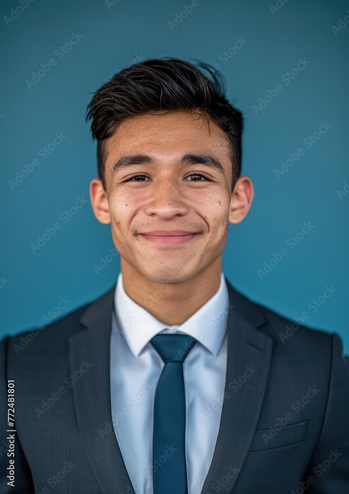 Smiling and looking directly at the camera, a young man wearing professional attire poses against a blue solid color background in this photo.
Smiling and looking directly at the camera, a young man wearing professional attire poses against a blue solid color background in this photo.