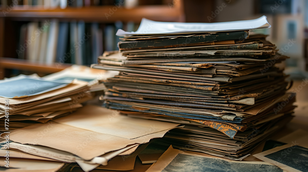 Heaps of worn-out files and folders stacked messily on a table, suggesting an extensive archive or long research. Heaps of worn-out files and folders stacked messily on a table, suggesting an extensive archive or long research.